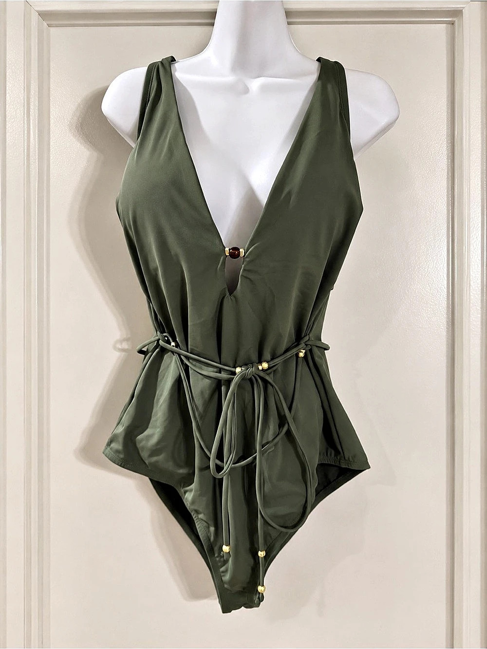 Sofia Vergara 1X Olive Green Plunge Belted One Piece Swimsuit NWOT
